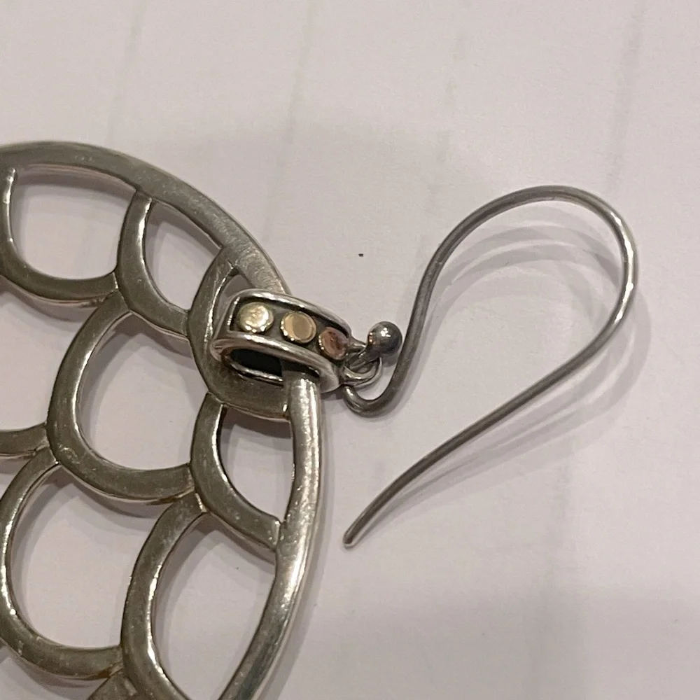 John Hardy Naga Disc earrings on hook. Sterling Silver w 3 18k Gold dots at top - Picture 6 of 10